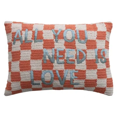 Creative Co-op Crocheted Check Lumbar Pillow In Orange,white Checkered