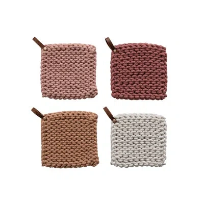 Creative Co-op Daily Routines Crocheted Cotton Potholder Set In Cream,berry,terra-cotta,white