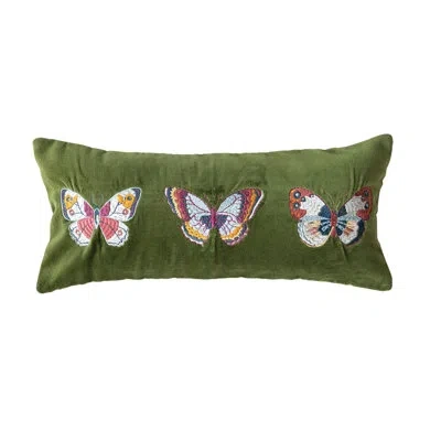 Creative Co-op Embroidered Butterfly Cotton Velvet Lumbar Pillow In Green