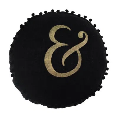 Creative Co-op Embroidered Pillow With Pom Pom Trim "&" Design In Gold Script In Black & Gold