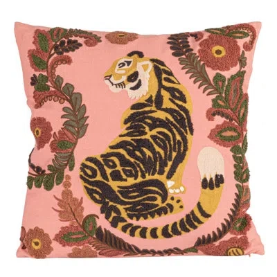 Creative Co-op Embroidered Tiger And Flowers Cotton Slub Pillow In Pink,gold,brown,green,black,red