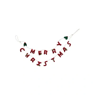 Creative Co-op Handmade Wool Felt Garland With Holly Leaves And Berries "merry Christmas" In Green;red