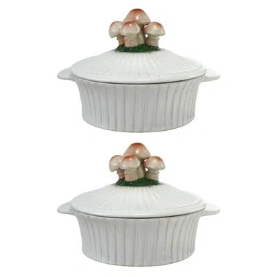Creative Co-op Hand-painted Stoneware Fluted Bakers With Mushroom Motifs In White;brown:green