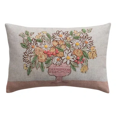 Creative Co-op Linen Blend Embroidered Lumbar Pillow With Flowers And Pom Poms In Multicolor