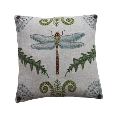 Creative Co-op Linen Blend Pillow With Dragonfly, Botanical Motifs And Embroidery In Multicolor