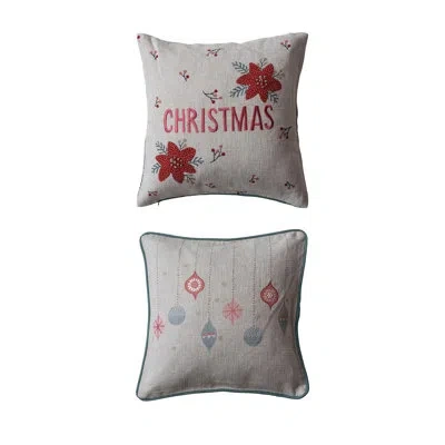 Creative Co-op Linen Blend Pillow With Embroidered Holiday Pattern, Colored Piping And Printed Back In Red,green,blue,white