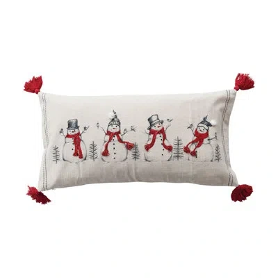 Creative Co-op Linen Printed Lumbar Pillow With Embroidered Snowmen And Birds Image, Pompoms And Tassels In White