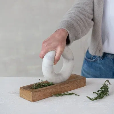 Creative Co-op Mango Wood Mortar With Marble Ring Shaped Pestle In Natural
