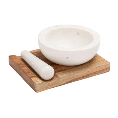 Creative Co-op Marble Mortar And Pestle With Acacia Wood Base In White