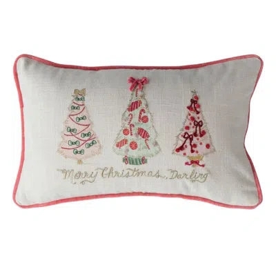 Creative Co-op Merry Christmas Darling Printed Lumbar Pillow With Christmas Trees, Embroidery, Piping And Velvet Ba In Multicolor