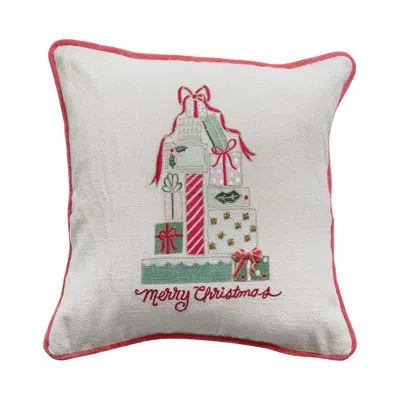 Creative Co-op Merry Christmas Square Cotton Slub Printed Pillow With Gifts, Embroidery, Piping And Velvet Back In White