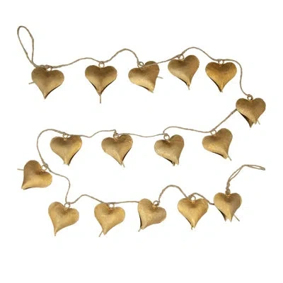 Creative Co-op Metal Heart Shaped Bell Garland With Jute Cord In Gold