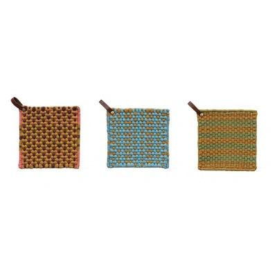 Creative Co-op Multi-tone Cotton Crocheted Pot Holder With Leather Loop In Yellow,green,pink,black