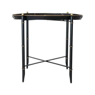 Creative Co-op Oval Decorative Hand-painted Metal Vintage Reproduction Toleware Folding Tray Table With Botanicals  In Black