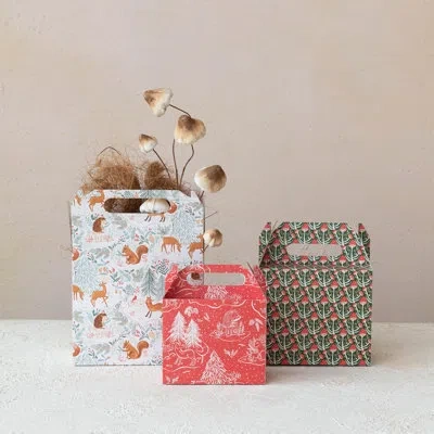 Creative Co-op Printed Paper Gift Boxes With Woodland Flora And Fauna Pattern And Handles In Multicolor
