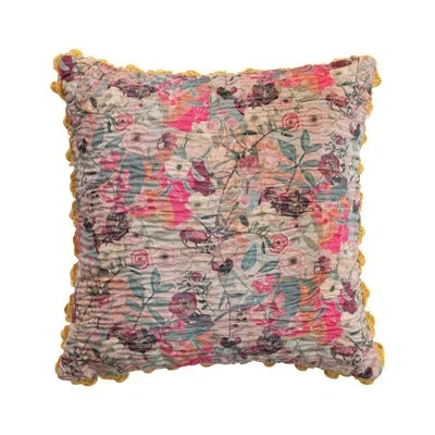 Creative Co-op Printed Square Pillow With Kantha Stitch, Pom Poms & Chambray Back In Multicolor