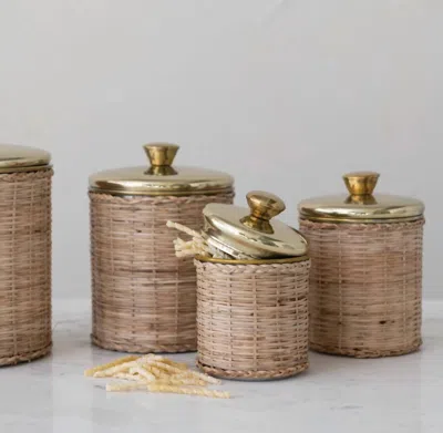 Creative Co-op Rattan Wrapped Stainless Steel Canisters - Set Of 4 In Brown