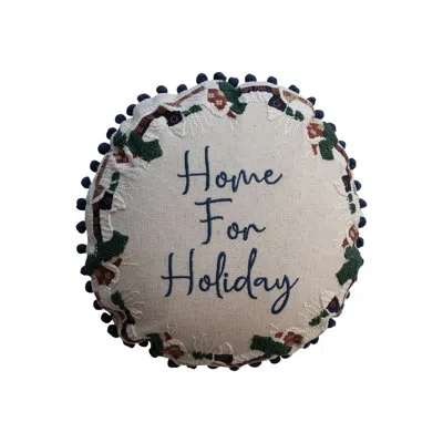 Creative Co-op Round Cotton And Linen Pillow With Embroidered Houses Pattern, Pom Pom Trim And Chambray Back "home  In White,green,red,blue