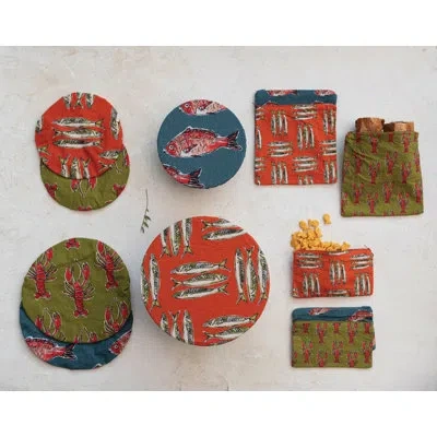 Creative Co-op Round Cotton Bowl Covers With Lining And Sea Life Designs