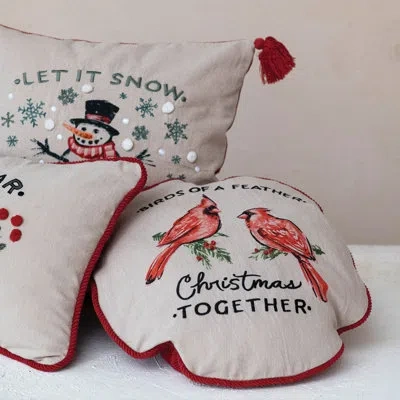 Creative Co-op Round Cotton Printed Pillow With Cardinals, Embroidery And Corduroy Back "birds Of A Feather, Christ In White,red,black,green