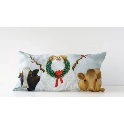 Creative Co-op Snowman And Cows Rectangle Cotton Throw Pillow