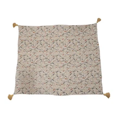 Creative Co-op Soft Woven Reclaimed Cotton Blend Printed Throw With Floral Pattern And Tassels In Beige