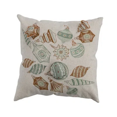 Creative Co-op Square Cotton & Linen Printed Pillow With 3d Ornaments In Multicolor