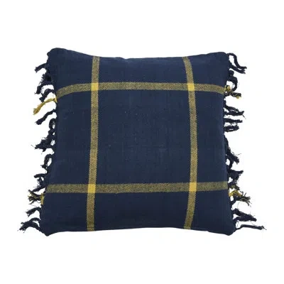 Creative Co-op Square Cotton Case With Fringe In Blue Plaid