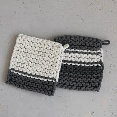 Creative Co-op Square Cotton Crocheted Pot Holder In Black;beige