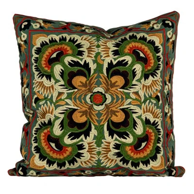 Creative Co-op Square Cotton Embroidered Pillow With Design In Blue,green,black,gold