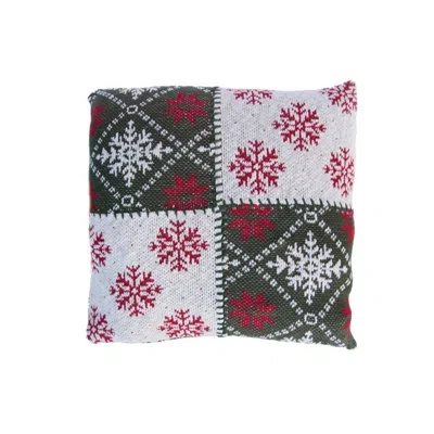 Creative Co-op Square Cotton Knit Pillow With Snowflake Patterns In Green,red,white