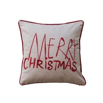 Creative Co-op Square Cotton Printed Pillow With Embroidery, Corduroy Back And Piping "merry Christmas" In Red,natural