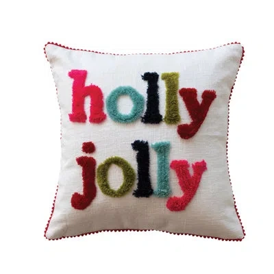 Creative Co-op Square Cotton Slub Pillow With Tufting And Pom Pom Trim "holly Jolly" In Red,black,blue,green