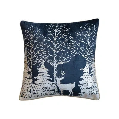 Creative Co-op Square Cotton Velvet Printed Foil Pillow With Winter Scene And Piping In Navy,white