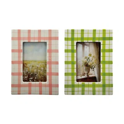 Creative Co-op Square Hand-painted Stoneware Plaid Photo Frame Set In Coral,green