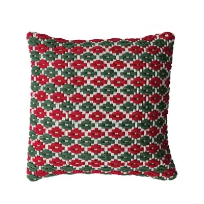 Creative Co-op Square Hand-woven Cotton Chindi Pillow With Pattern In Green;red