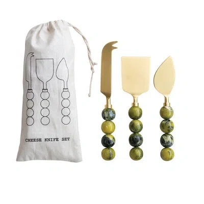 Creative Co-op Stainless Steel Cheese Knife Set With Marbled Resin Handles In Green