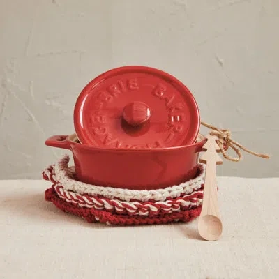 Creative Co-op Stoneware Brie Baker With Wood Tree Shaped Spoon And Reactive Glaze In Red