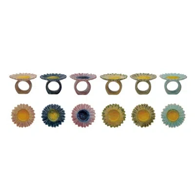 Creative Co-op Stoneware Flower Napkin Ring Set In Reactive Glaze In Multicolor