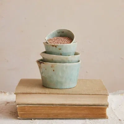 Creative Co-op Stoneware Measuring Cups With Reactive Crackle Glaze In Green