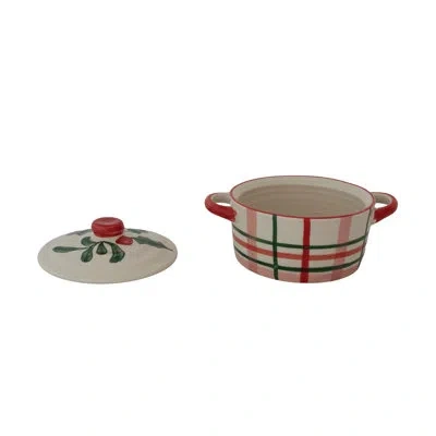 Creative Co-op Stoneware Scalloped Baker W Stripes & Handles, Pink & Red In Red;pink