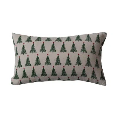 Creative Co-op Stonewashed Cotton Printed Lumbar Pillow With Christmas Tree Pattern In Green;natural