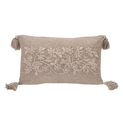 Creative Co-op Stonewashed Cotton Slub Lumbar Pillow With Embroidered Flowers And Tassels In Beige