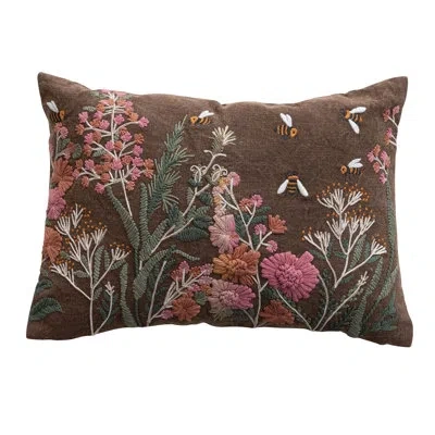 Creative Co-op Stonewashed Cotton Slub Lumbar Pillow With Hand-embroidered Flowers And Bees, Multicolor