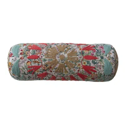 Creative Co-op Stonewashed Cotton Voile Bolster Pillow With Suzani Pattern And Hand-embroidered Kantha Stitch In Multicolor