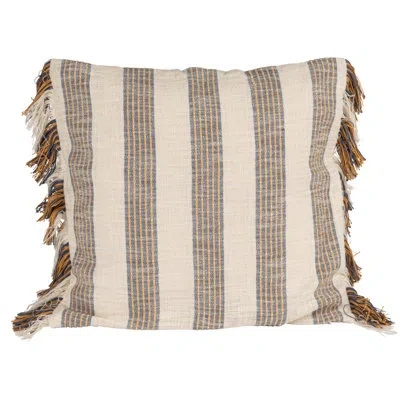 Creative Co-op Stripe Cotton Pillow With Fringe In Natural,blue,yellow