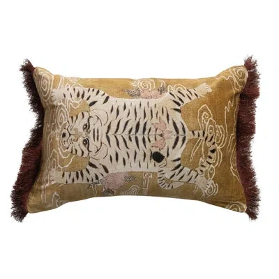 Creative Co-op Tibetan Tiger Print Fringe Cotton Velvet Lumbar Pillow In Brown