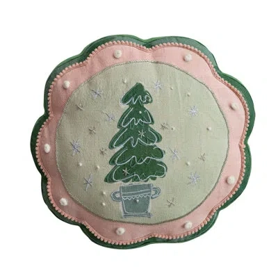 Creative Co-op Tree Motif Cotton Linen Pillow With Pom Pom Trim In Green