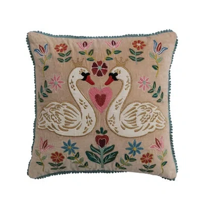 Creative Co-op Velvet Cotton Pillow With Hand-embroidered Crowned Swans In Multicolor