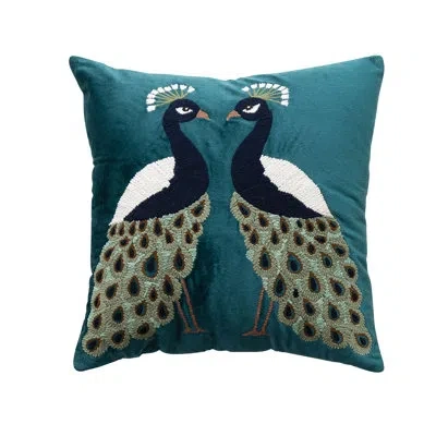 Creative Co-op Velvet Pillow With Embroidered Peacocks And Chambray Back In Multicolor